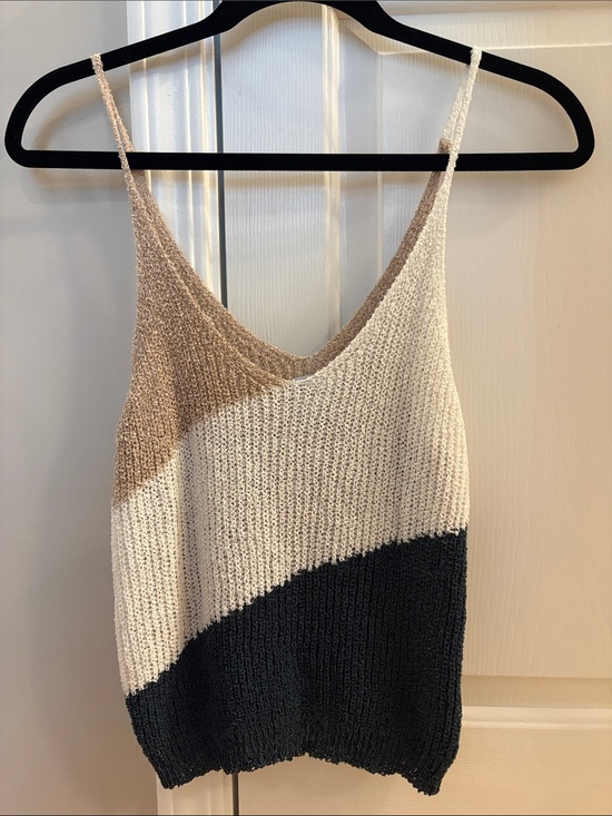 Cozy Casual Tops - Colorblock Knit Cami - Cream, Tan & Green